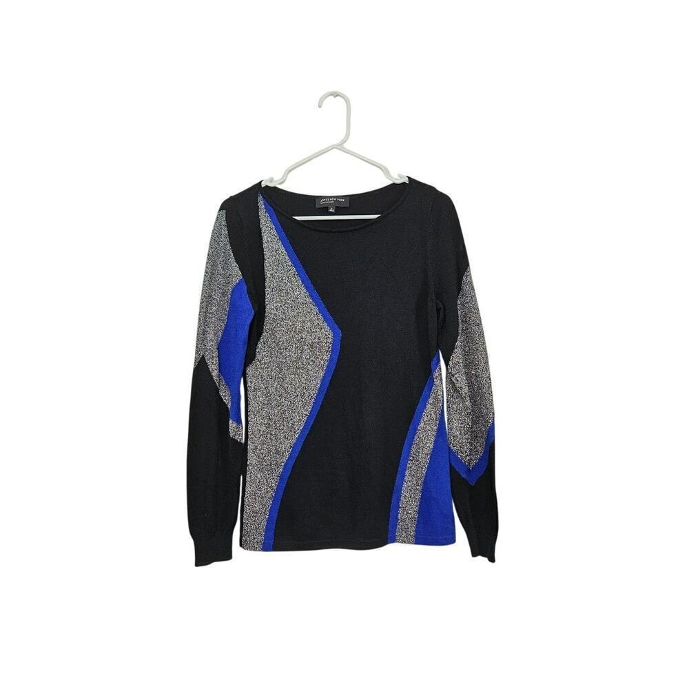 Jones New York Abstract Colorblock Blue/Black/Silver Metallic Wool Sweater Sz S - Picture 3 of 6